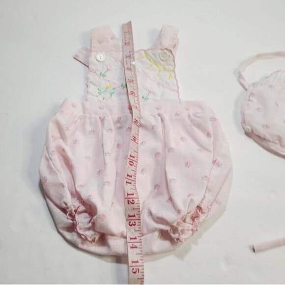 Vintage 90s Mayfair Pastel Pink Tulip Embroidery Baby Romper and Bonnet - Picture 12 of 13